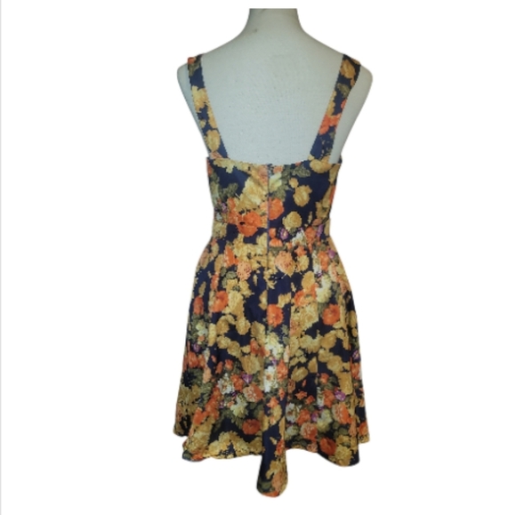 Garden Party Floral roses Sleeveless a line Dress navy yellow cream orange M 6/8 - Picture 5 of 6